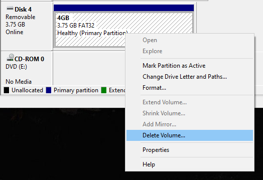 try to delete volume under Windows